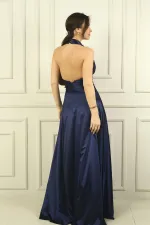 Kadın V Yaka Sırt Dekolteli Üstü Piliseli Örme Saten Uzun Elbise