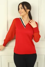 Kadın V Yaka Yarısı Şeritli Kolları Şifon Kazak