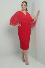 Women's V-Neck Chiffon Draped Lined Plus Size Crepe Midi Dress with Embellished Waist