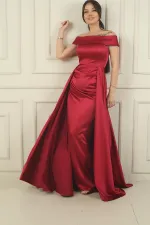 Kadın Madonna Yaka Önü Büzgülü Astarlı Pelerinli Saten Uzun Elbise