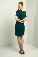 Women's Boat Neck Buttoned Sleeve Pleated Back Zippered Dress