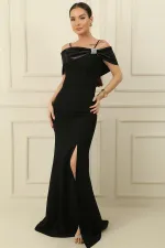 İp Askılı Balenli Yakası Garnili Taşlı Astarlı İthal Krep Full Telalı Uzun Elbise