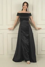 Kadın Madonna Yaka Önü Büzgülü Astarlı Pelerinli Saten Uzun Elbise