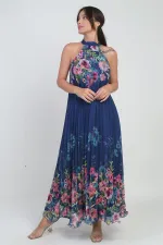 Kadın Çiçek Desenli Astarlı Plisoley Şifon Uzun Elbise