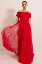 Straped Madonna Collar Front Slit Lined Tulle Long Dress