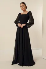 Square Neck Belted Lined Chiffon Long Evening Dress