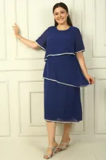 Women's Plus Size Dress with Stone Embellishments, Lined, Short Sleeves, and Three Layers of Chiffon.