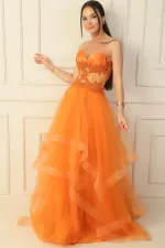 Long, Layered Tulle Taffeta Evening Dress with Beaded Embellishments