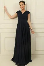 Robe longue en mousseline de soie doublée, col croisé, évasée et en tulle