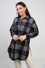 Chemise longue à carreaux pour femme avec fentes latérales