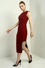 Women's Embellished Mandarin Collar Belted Waist Midi Dress with Side Chain Detail and Slit.