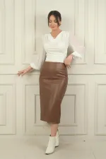 Kadın Önü Yırtmaçlı Cep Detaylı İçi Şardonlu Deri Midi Etek