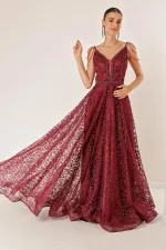 İnce Askılı Boncuk Detaylı Arkası Bağlamalı Astarlı Çiçek Sim Flok Baskılı Uzun Elbise