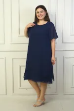 Kadın Yuvarlak Yaka Kısa Kol Astarlı Çift Kat Büyük Beden Şifon Elbise