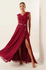Long Chiffon Dress with Ruffled Neckline and Belt, and Slit