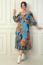 Madonna Neckline Lined Cross-Tie Floral Wrap Chiffon Dress