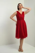 Women's Wrap Neckline Lined Flared Glittery Short Dress