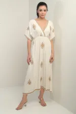 Women's Wrap Neckline Back Lace-Up Embroidered Long Dress