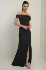 Women's Embellished Thin Strap, Dropped Sleeve Satin Madonna Neckline Lined Draped Double Fishtail Dress