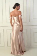 Kadın İp Askılı Düşük Kol Önü Drapeli Pencereli Astarlı Uzun Saten Elbise