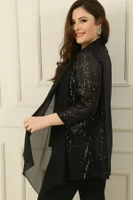 Ensemble 2 pièces pour femme : chemisier sans manches et veste à sequins en mousseline à col châle, grandes tailles.