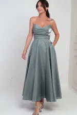 Women's V-Neck Strapless Lined Organza Satin Midi Dress