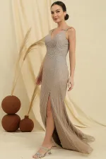 İp Askılı Önü Yırtmaçlı Astarlı Taş İşlemeli Balık Elbise