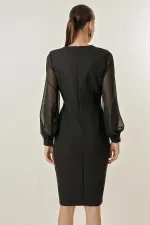 Double-Breasted Chiffon Sleeves Half-Lined Dress with Shiny Stone Detail on the Front