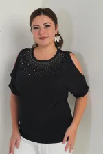 Kadın Yakası Taşlı Omuz Dekolteli Kısa Yarasa Kol Likralı Büyük Beden Bluz