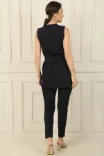 6-Button Vest with Faux Pockets and Belt, Elastic Waist Slim-Fit Trousers - 2-Piece Set