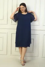 Kadın Yuvarlak Yaka Kısa Kol Astarlı Çift Kat Büyük Beden Şifon Elbise