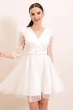 Kruvaze Yaka Balon Kol Kemerli Elbise