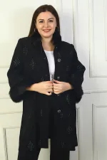 Cardigan grande taille pour femme avec col et manches en fourrure, boutonné sur le devant, poches et motif diamant pailleté