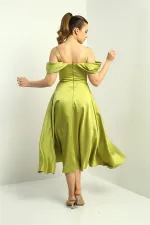 Kadın İp Askılı Düşük Kollu Astarlı Pileli Saten Kloş Uzun Elbise