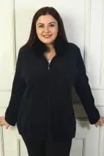 Kadın Seyyar Kürklü Yaka Önü Fermuarlı Yandan Cepli Büyük Beden Akrilik Ceket