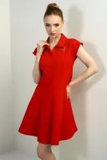 Kadın Önü Yarım Fermuar Ve Dantel Detaylı Kendinden Telalı Kısa Kloş Elbise