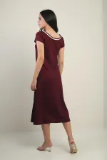 Women's Madonna Neckline Trimmed Slit Crystal Long Dress