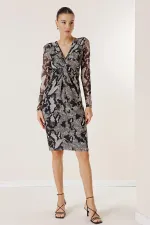 Lined Snakeskin Patterned Tulle Dress with Knot Detail on the Front