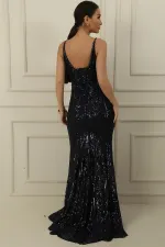 Kadın İp Askılı Boncuk Ve Pul Şal Desenli Astarlı Geniş Beden Aralıklı Uzun Balık Elbise