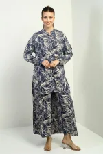 Women's Side Slit Tunic Shirt, Elastic Waist Pocketed Palazzo Pants, Leaf Pattern Oversize 2-Piece Set