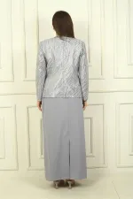 Ensemble 3 pièces grande taille pour femme : veste à sequins, chemisier à manches courtes, jupe longue doublée en crêpe