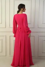 Kadın V Yaka Beli Tokalı Astarlı Şifon Uzun Abiye Elbise