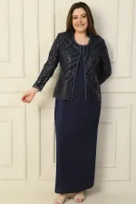 Robe longue à manches demi-lune avec veste en tulle brodée de perles et de sequins, doublée, ensemble deux pièces grande taille