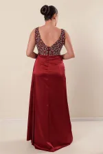 Plus Size Long Satin Dress with Tulle and Stone Embellishments and Lining