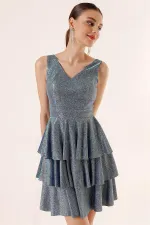 Ön Arka V Yaka Simli Katlı Elbise