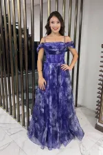 Kadın İnce Askılı Düşük Kollu Balenli Önü Drapeli astarlı Çiçekli Organze Uzun Elbise