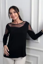 Women's Asymmetrical Leather Detailed Tulle Lycra Strawberry Blouse