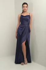 Women's Long Satin Dress with Rope Straps and Lace-Up Back and Lining