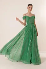 Strappy, Dropped Sleeve, Lined, Wide-Sized, Long, Glittery Dress