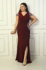 Front and back V-neck, sleeve and waist stone detailing, lined, draped, glittery plus size lycra long dress